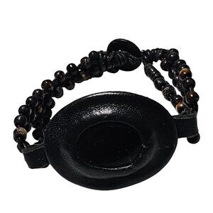 Bold Leather Bead Macrame Statement Bracelet Oval Centerpiece Fashion Jewelry